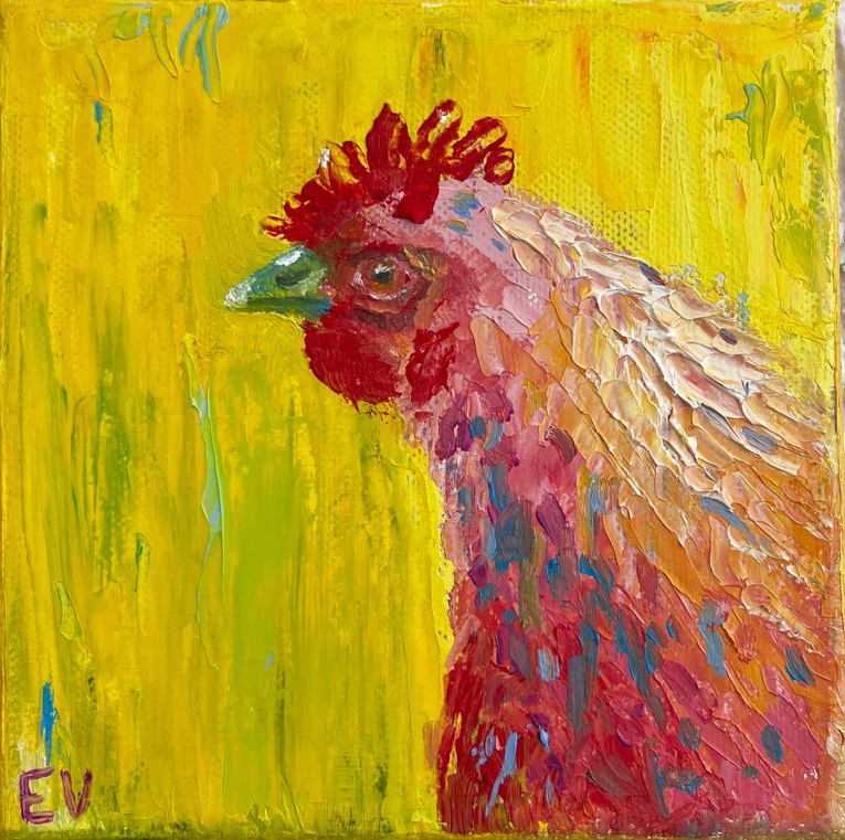 Disco Chicken — Lena Vanurina chicken painting, humor, private collection, fine art Cyprus